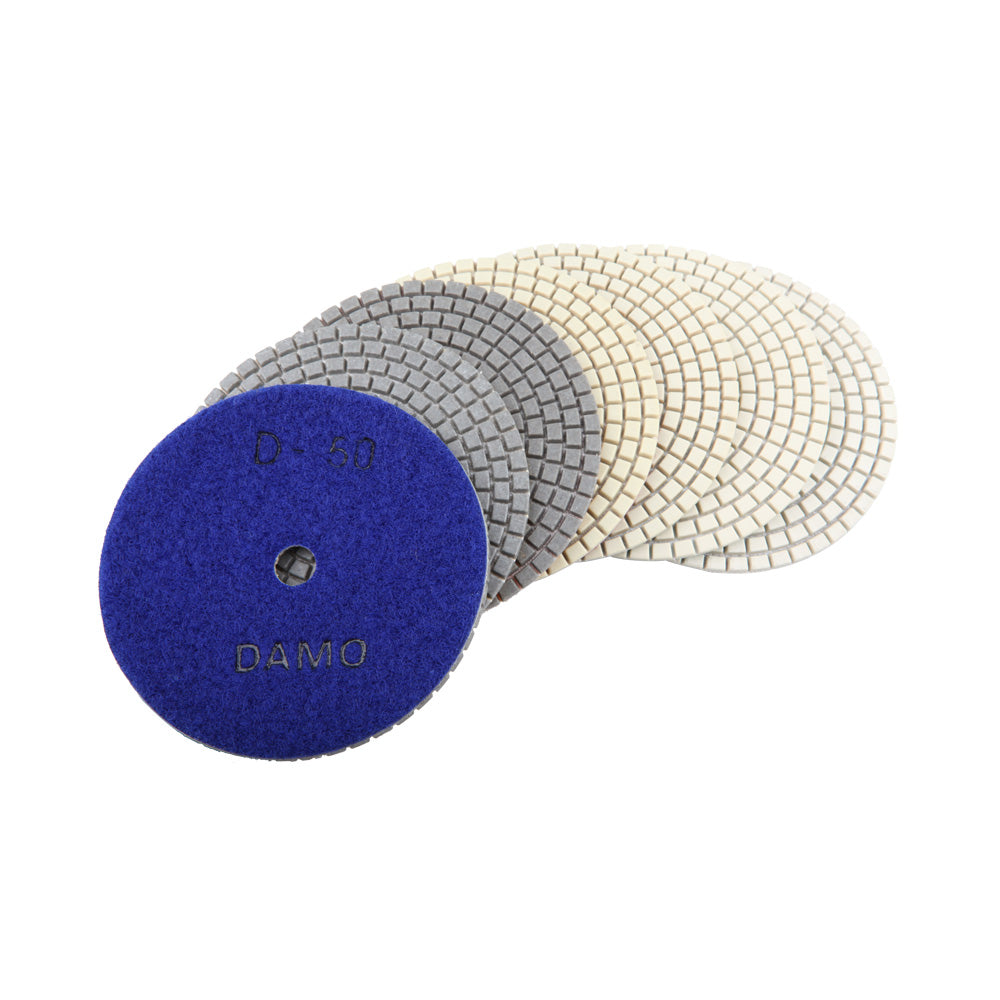 4 inch Dry Diamond Polishing Pads Set of 7 with Back Holder for Granite, Concrete, and Marble Surfaces