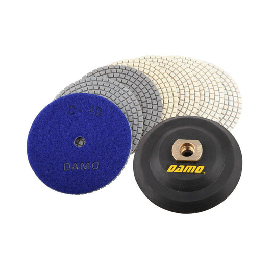 4 inch Dry Diamond Polishing Pads Set of 7 with Back Holder for Granite, Concrete, and Marble Surfaces