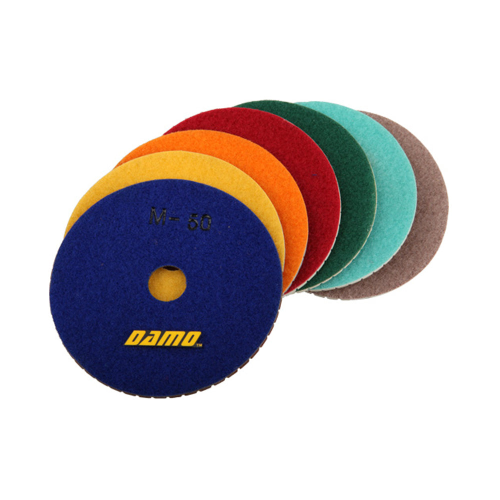 4 inch Wet Diamond Polishing Pads Set of 7 with Back Holder for Granite, Concrete, and Marble Surfaces
