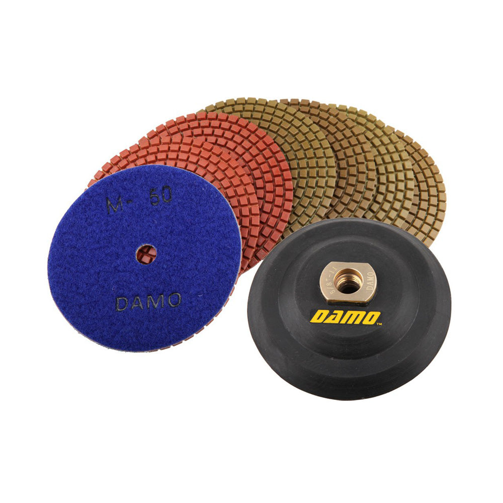4 inch Wet Diamond Polishing Pads Set of 7 with Back Holder for Granite, Concrete, and Marble Surfaces