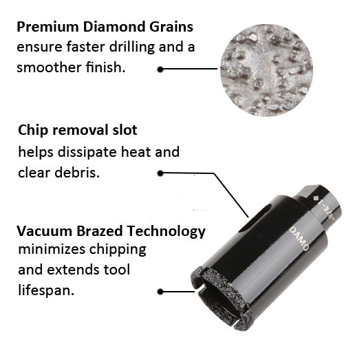 Diamond Core Drill Bit for Porcelain, Ceramic, Tile, Quartzite, Granite, Marble, Stone & Brick, Hole Saw
